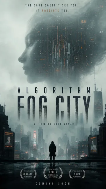 Cinematic movie poster for 'Algorithm Fog City' with a foggy megacity, a lone figure, and glowing data visualizations.