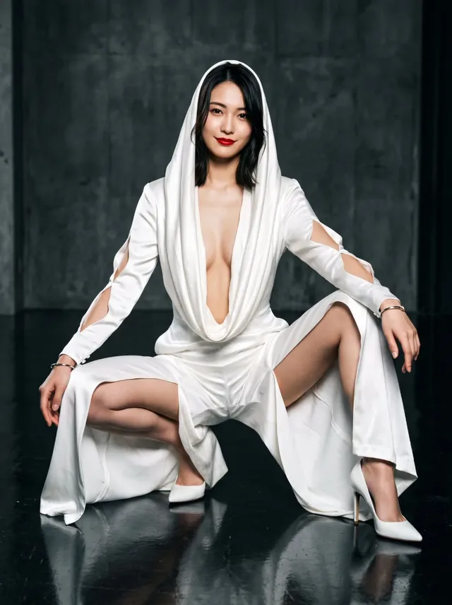 23-year-old Japanese woman in a white hooded one-piece outfit with cutouts and high slits, wearing red lipstick and white heels, in an Asian squat on a reflective dark floor.