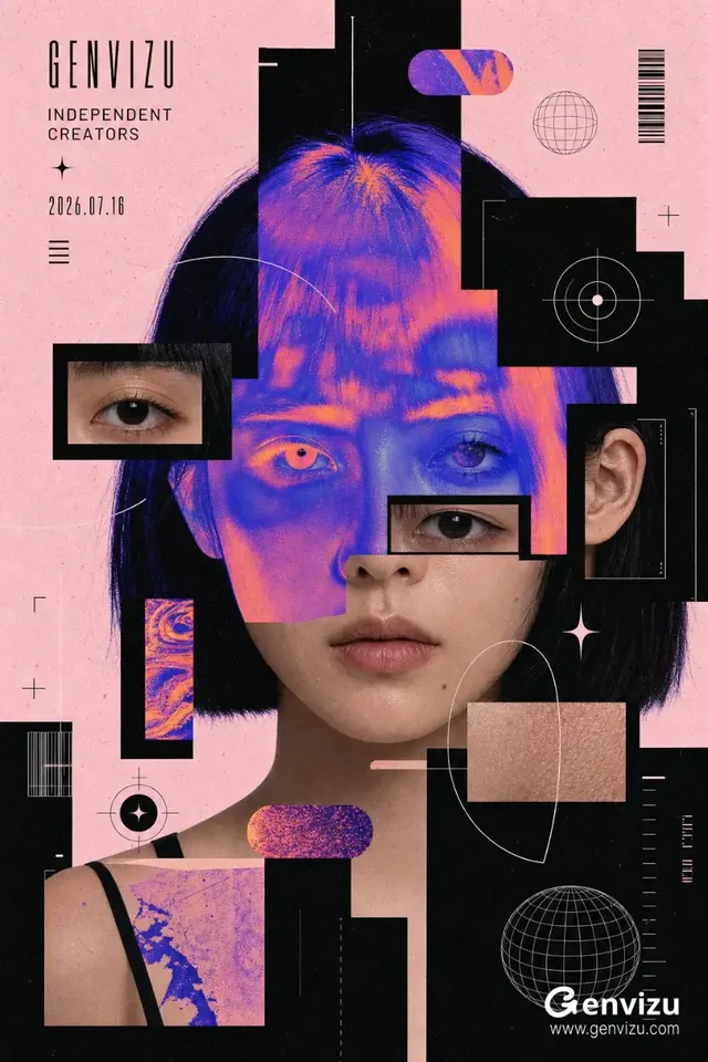 A vertical experimental poster with a woman's portrait. Her face is partly covered by abstract thermal patterns and black rectangular window cuts. Minimalist text and abstract graphic elements are scattered across the composition.