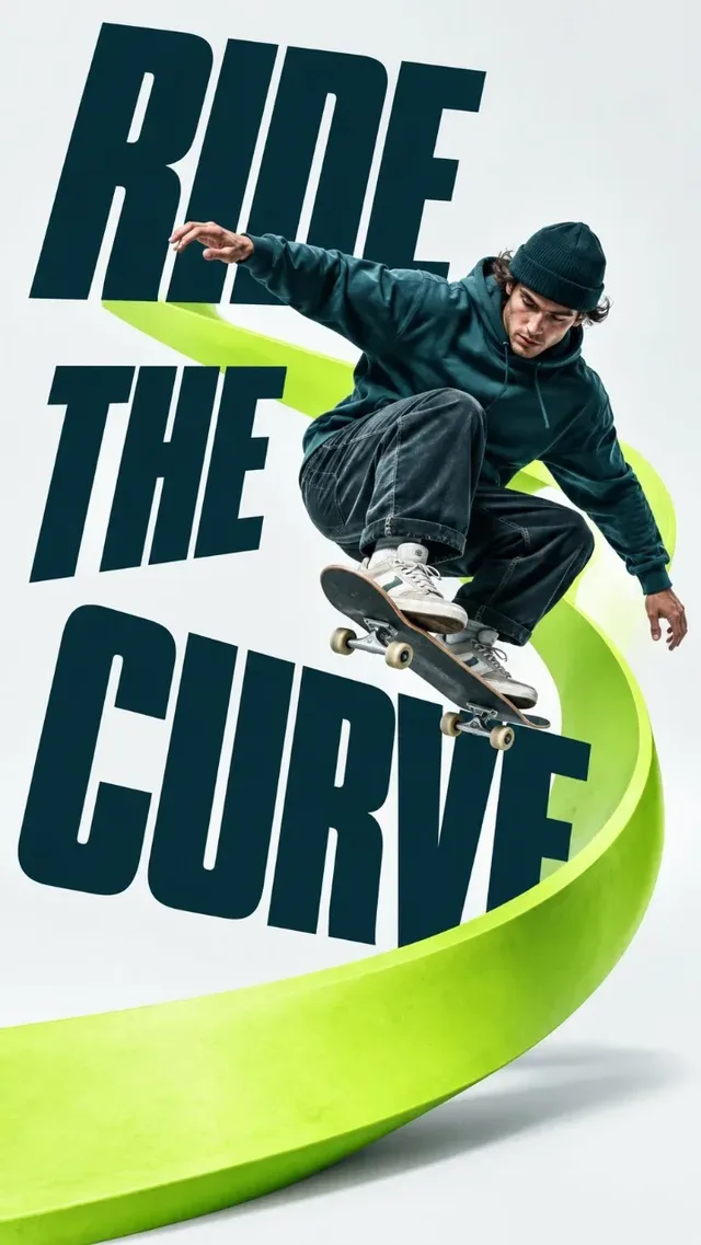 A premium advertising poster featuring bold, dark uppercase italic sans-serif lettering as an architectural plane, a sharply cut photographic hero with studio lighting, and a fluorescent ribbon creating depth against a pale ground.