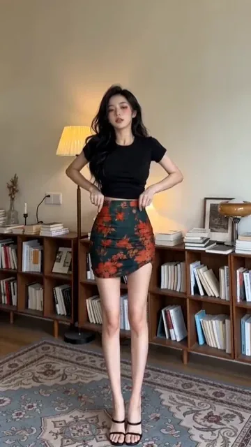 Woman demonstrating outfit styling techniques in a cozy room, showing before and after effects.
