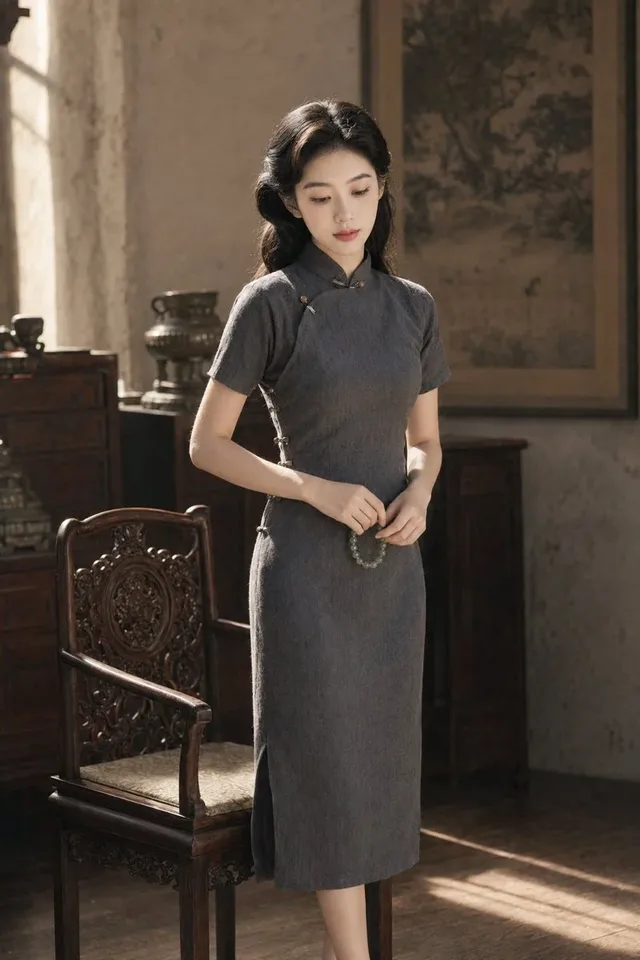 A young East Asian woman with dark hair styled in a retro half-updo, wearing a dark grey qipao, sits in an antique wooden armchair. Warm sunlight illuminates her face and the details of her attire, highlighting realistic skin texture and soft background blur.