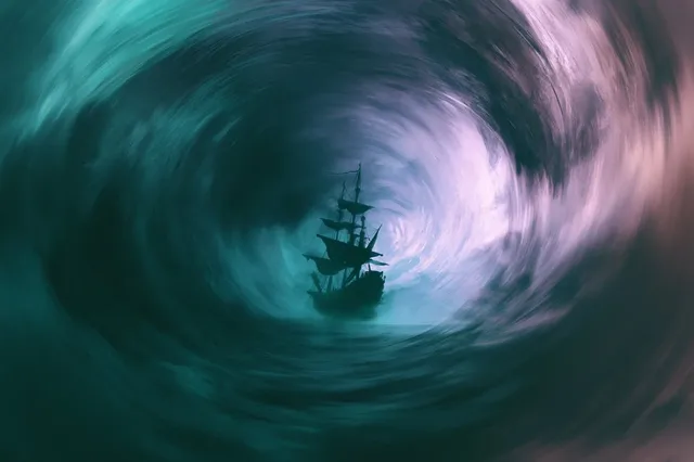 A central subject is surrounded by a dynamic, swirling vortex of blended colors, with concentric blur creating a sense of rotation and disorientation.