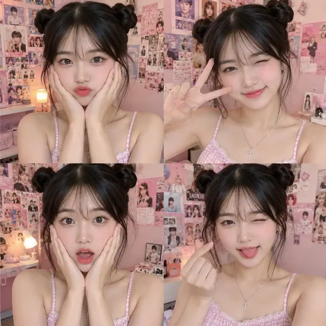 A 2x2 collage of ultra-realistic selfies of a Korean/Japanese idol. Each square shows a different expression: pout, wink with peace sign, surprised, and wink with tongue out and finger heart. She wears a pink plaid top and has double space buns.