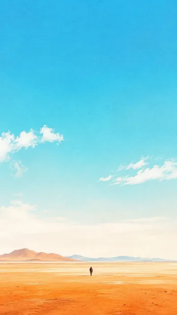 A minimalist poster of a lone figure walking across a vast plain with a clear sky and distant mountains.