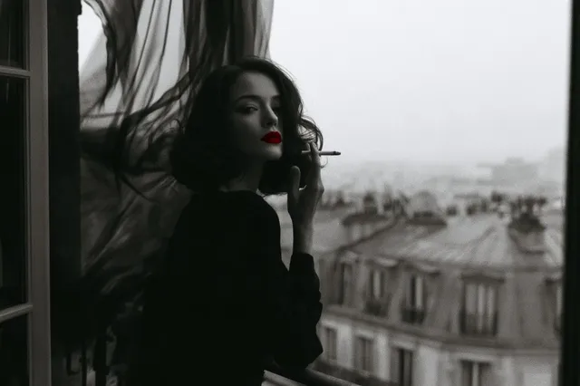Minimalist vintage French noir photography with high-contrast monochrome and a single vivid red detail.