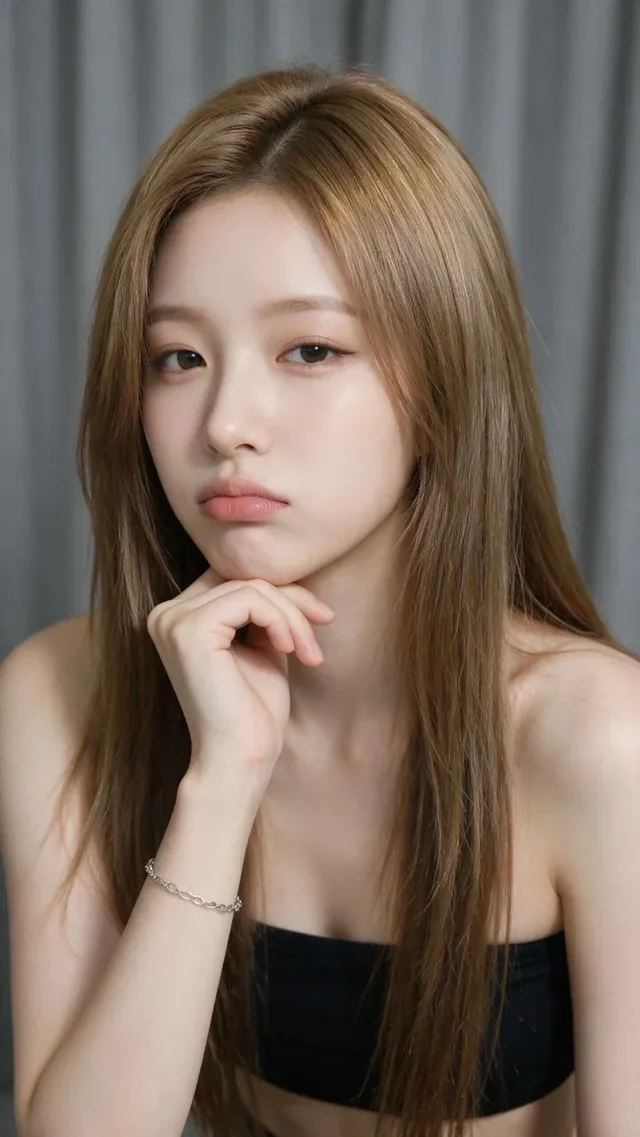 Close-up, slightly elevated selfie-style portrait of a young East Asian woman with fair skin, light brown hair, and a calm, slightly pouty expression, looking directly at the camera. Her hand supports her chin, and she wears a black strapless top. Soft, diffused studio lighting.