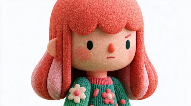 A 3D rendered character with textured coral-red hair and a teal sweater with pink flowers, looking slightly displeased.