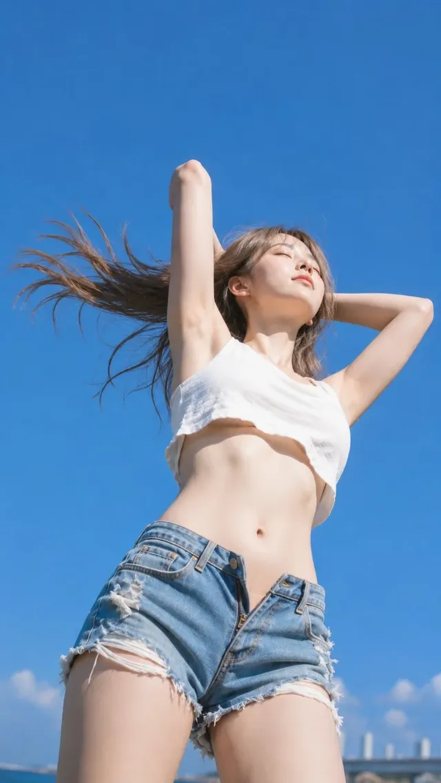 A woman with long brown hair flowing upwards stands with her arms raised towards a clear blue sky, wearing a white crop top and distressed denim shorts.