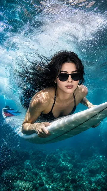 Young athletic woman with focused expression, wearing sunglasses, duck-diving under a breaking wave with her surfboard, surrounded by turbulent turquoise water and light rays.