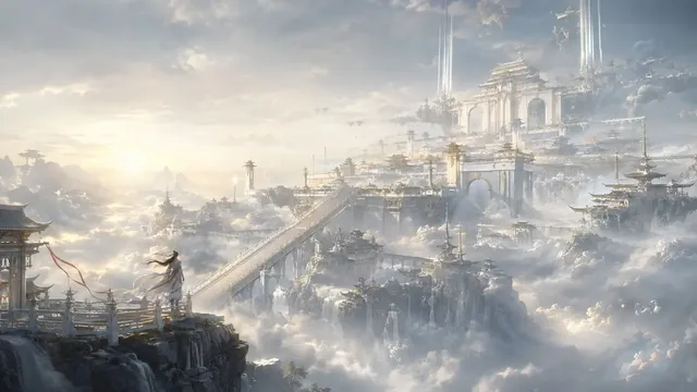 A futuristic, cyberpunk-inspired interpretation of a traditional Chinese celestial palace, set against a distant vista, blending ancient mythology with modern digital art.