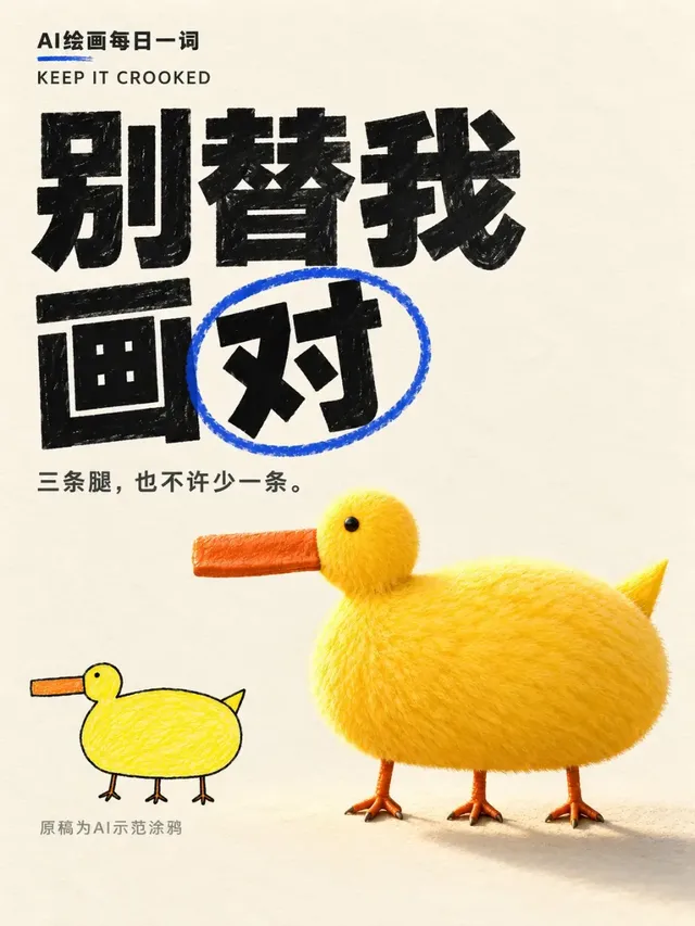 A 3:4 vertical 3D poster featuring a quirky three-legged yellow duck with a long orange beak and realistic feather texture on a sand shore.