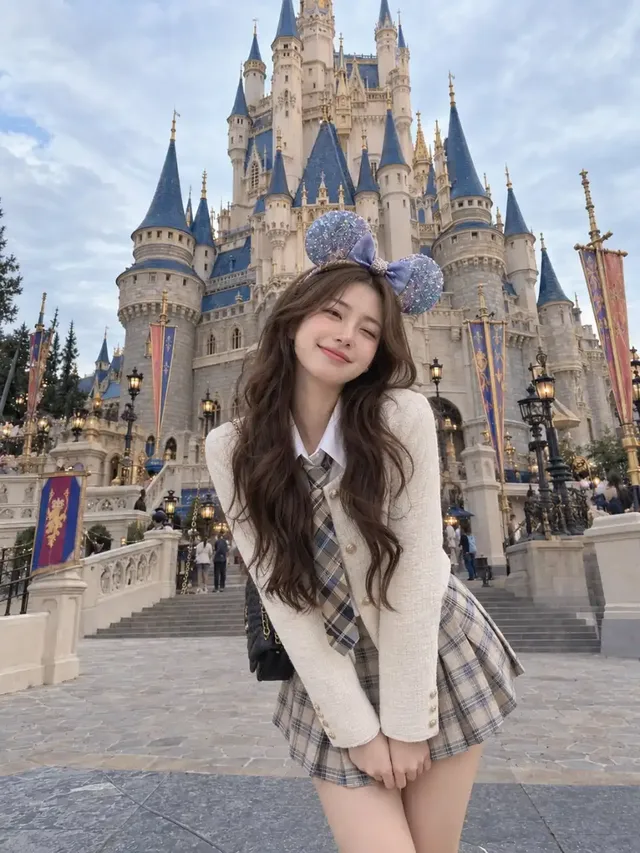 A young East Asian woman with wavy brown hair, wearing a mouse-ear headband and a plaid skort, smiles excitedly with arms outstretched in front of a detailed European-style fantasy castle.