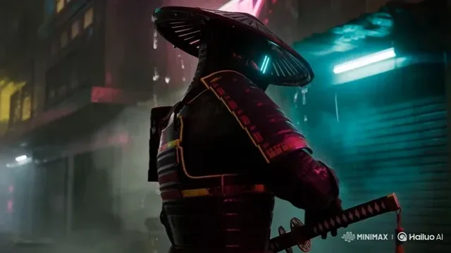 Futuristic cyberpunk samurai in heavy neon rain, drawing a glowing katana, cinematic slow-motion, volumetric fog, lens flare, photorealistic 8k.
