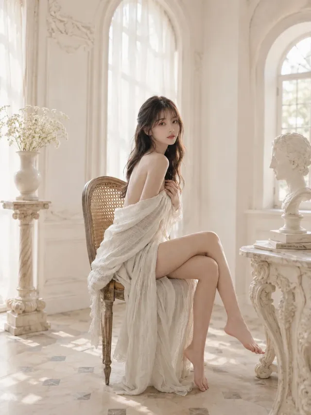 A woman in an ecru draped dress seated gracefully in a classic sunlit white room with marble flooring.
