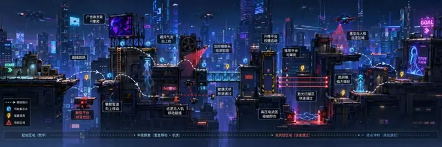 A wide horizontal illustration of a cyberpunk game level with buildings and platforms.