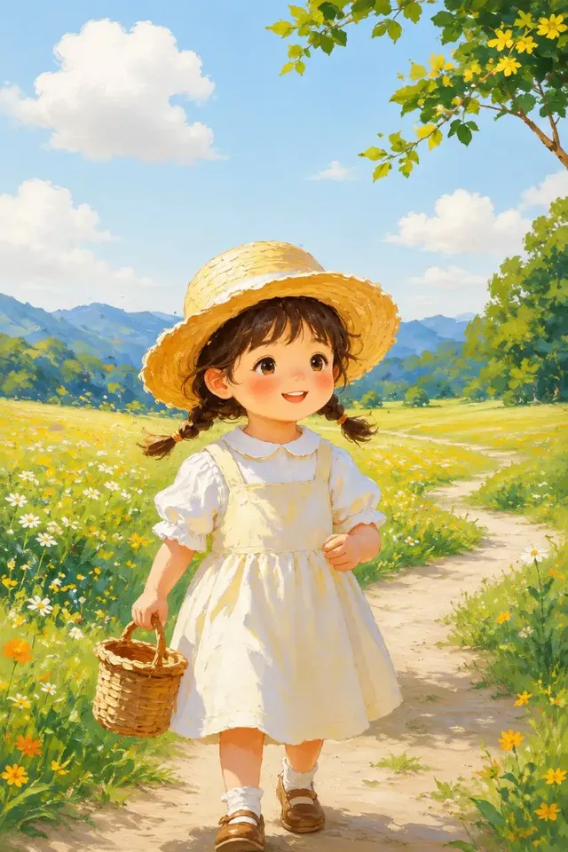 A cute girl in a white vintage dress and straw hat walks happily with a futuristic white robot fish that has blue LED lights, in a surreal landscape combining a flower meadow and an underwater coral reef.