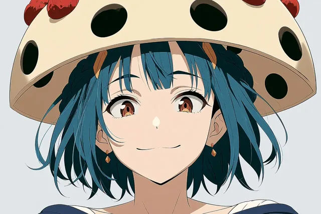 Anime girl with blue hair and a large hat with black circles and red spots, smiling.