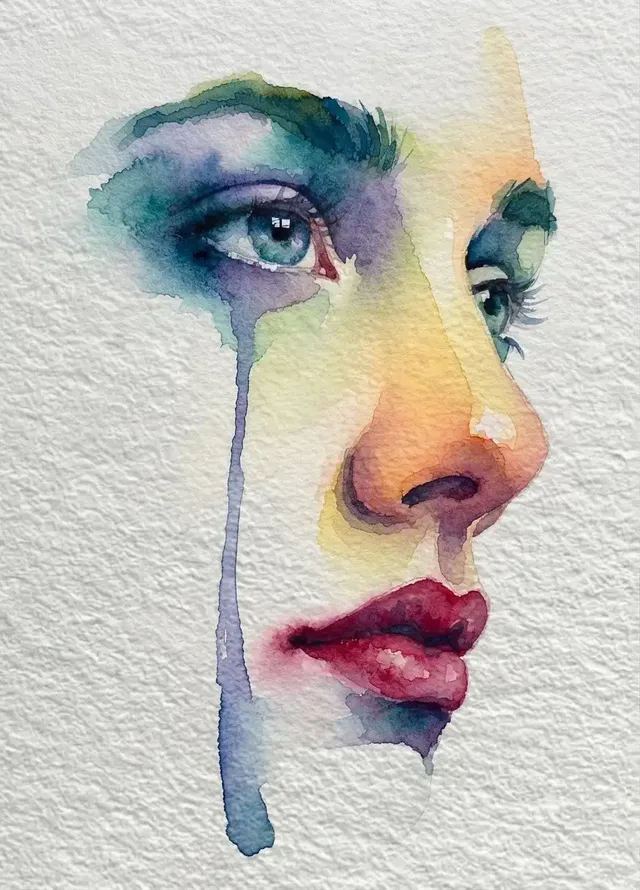Close-up watercolor painting of a person's profile, showing intense emotional turmoil with deep blue and violet colors around the eyes and a crimson mouth, a single indigo tear streaks down the cheek.