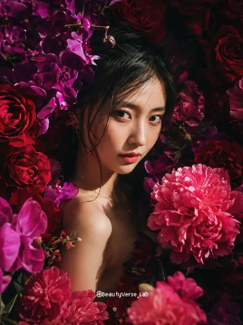 A beautiful Japanese girl looking directly at the camera, surrounded by a dense bloom of red roses, purple orchids, and pink peonies, with dramatic side lighting.