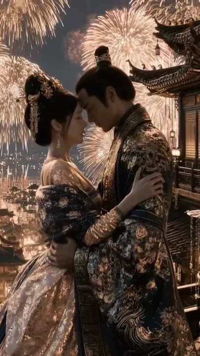 Lovers embracing tightly under a sky filled with magnificent golden fireworks in an ancient Chinese imperial city.