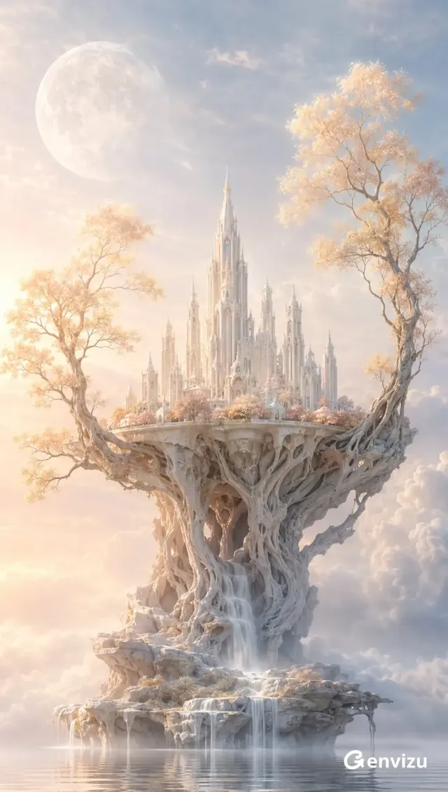 A vast, ethereal sky city with white Art Deco skyscrapers sits atop a massive floating rock island, surrounded by clouds and a giant pale moon.