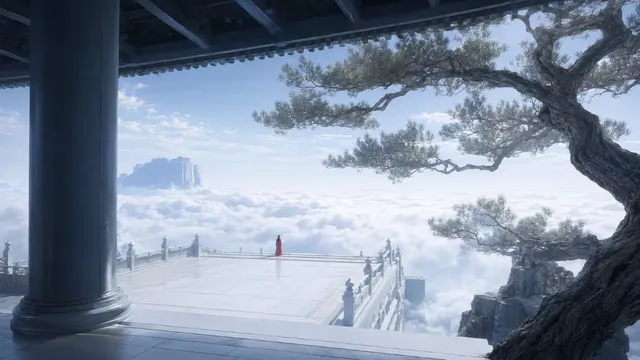A vast celestial realm with a moon-white open pavilion on a cliff edge and a large ancient pine tree stretching across the sky, a small figure gazes into the clouds.