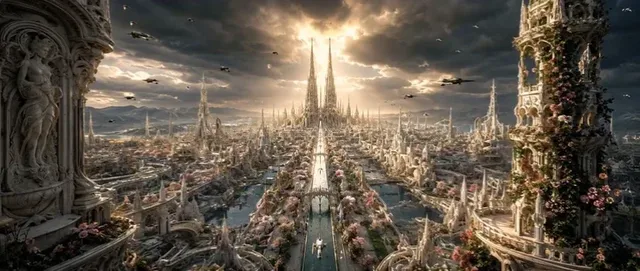 Slow aerial dolly forward along a perfectly centered boulevard towards twin spires in a symmetrical bio-organic Gothic city, with ornate pillars, canals, and drifting petals, under dramatic storm clouds and volumetric sun rays.