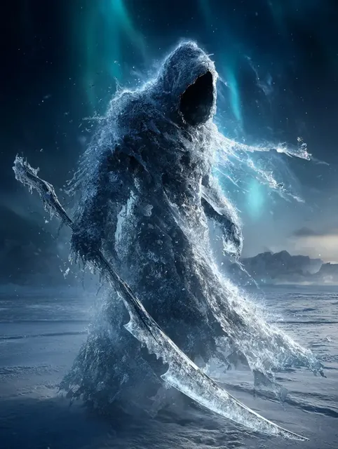 Ethereal ice wraith in flowing frozen robes, wielding a large ice scythe, standing in a blizzard with northern lights.