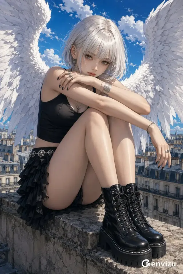 Semi-realistic anime illustration of an adult woman with platinum-silver hair and gothic attire, seated on a stone rooftop parapet with large white angel wings spread behind her. She wears a black crop camisole, ruffled skirt, and combat boots, with a restrained gaze directed at the viewer.