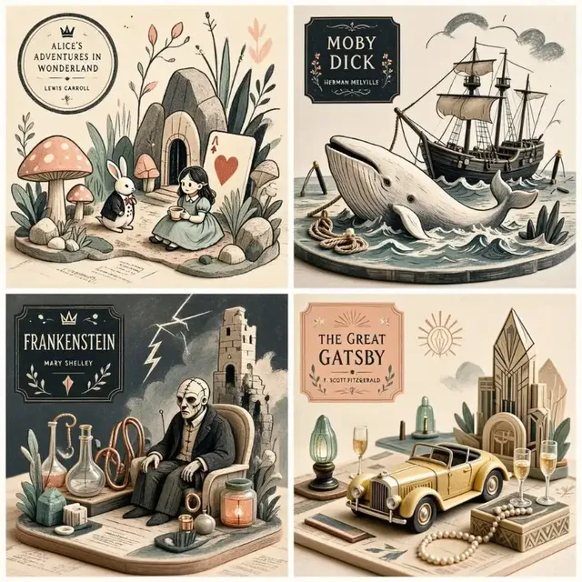 A 2x2 grid of stylized book cover art, each panel combining grainy line illustrations with soft pastel miniature objects and clean graphic elements.