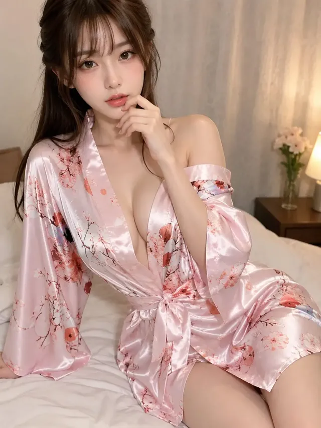 A woman with long dark hair and a serene expression sits diagonally on a white bed, wearing a pale pink satin robe with a floral pattern, her right hand resting near her chin. Soft light illuminates her face and the robe.