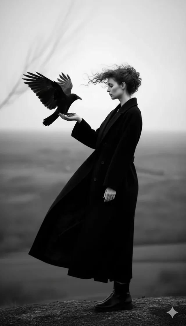 A young woman with windswept dark curly hair stands beside a misty body of water, wearing a long black coat and boots, gently holding a large black raven with spread wings.