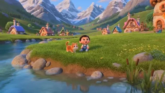 A baby and a kitten playing together in a colorful, detailed valley, in the style of Pixar and DreamWorks animation.