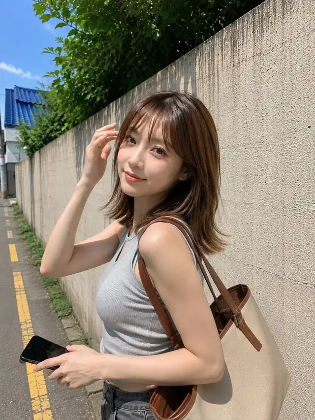 Ultra-realistic photograph of a young East Asian woman with light-brown hair, wearing a gray top and holding a smartphone, standing beside a concrete wall on a sunny day.