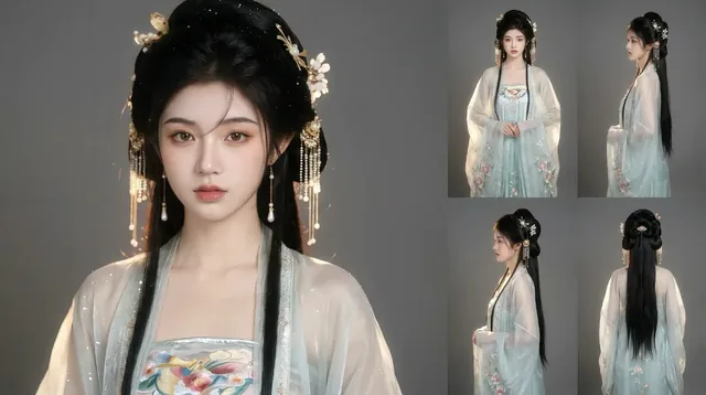 A hyperrealistic 8K photograph of a young Asian woman in a black and silver Hanfu, featuring a dark, elegant style with elaborate hair ornaments and makeup, posed against a soft gr