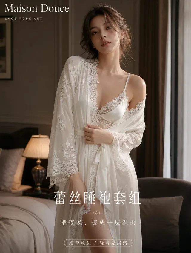 Elegant young woman wearing a white lace robe and matching loungewear set, standing in a softly lit hotel room. The robe features delicate lace trim and a flowing drape.