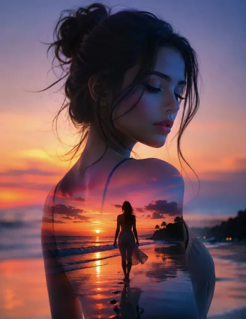 Double exposure portrait of a woman with a sunset beach scene integrated into her silhouette, conveying tranquility.