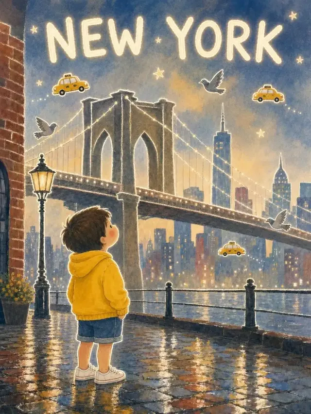 A child in a yellow hoodie stands on a Brooklyn street, looking up at the Brooklyn Bridge, with 'NEW YORK' hand-lettered at the top, in a naive, childlike drawing style.