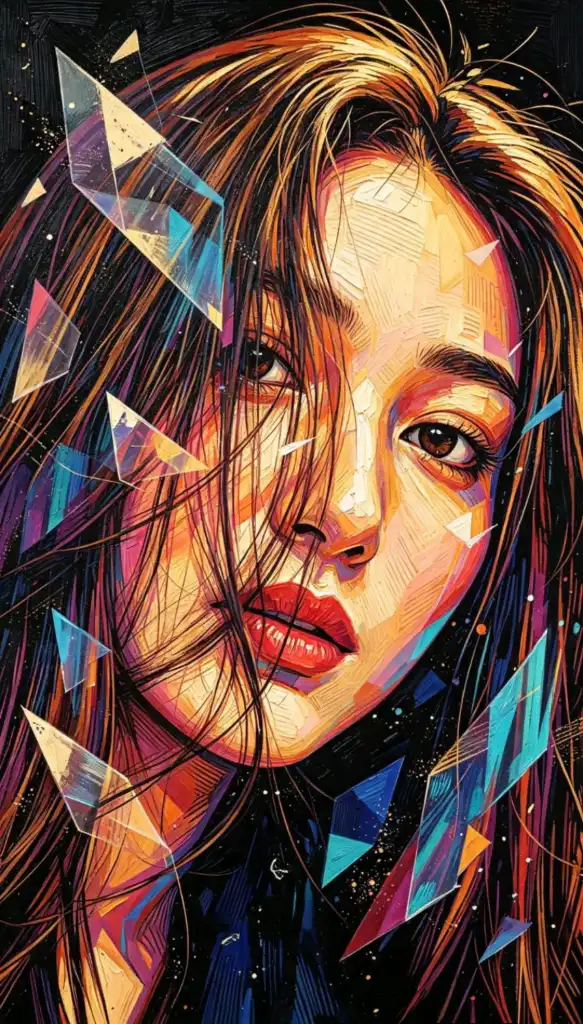 A highly detailed, expressive portrait created with a fusion of engraving techniques and abstract painterly elements, featuring a vibrant color palette and geometric overlays.