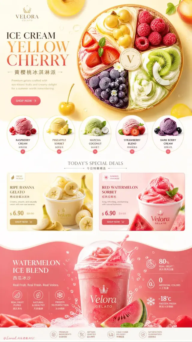 Ultra-premium ice cream e-commerce page key visual, showcasing realistic frozen desserts, fruit elements, and a structured layout with a hero banner, flavor cards, and product features.