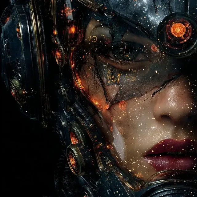 Detailed portrait of a woman with olive skin, full red lips, and dark hair, wearing a black high-tech helmet with illuminated orange details and a transparent visor.