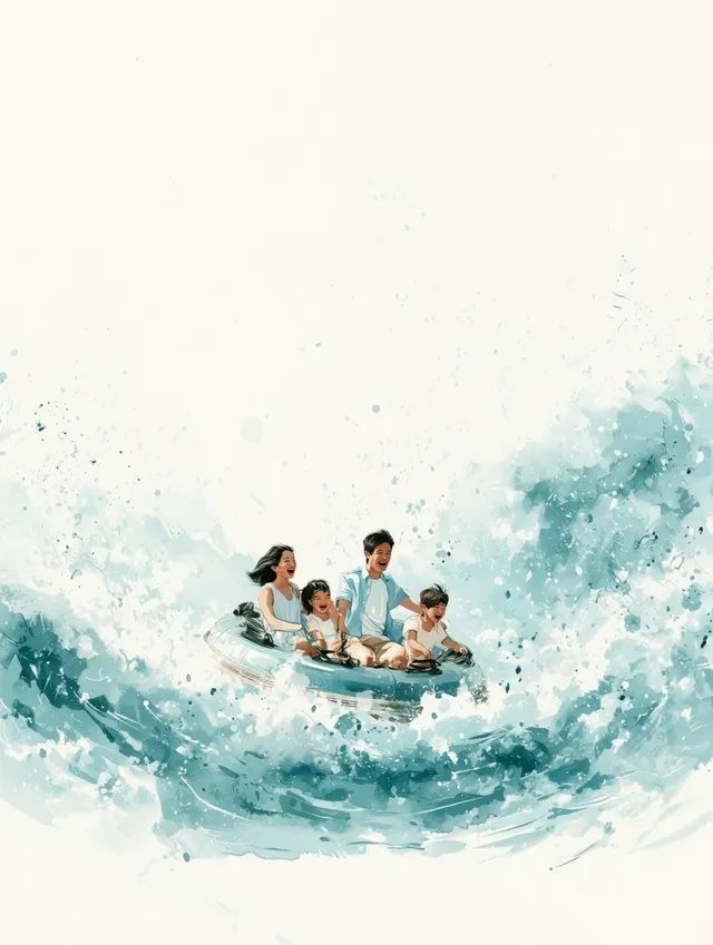 A minimalist watercolor illustration of a Korean family of four laughing in the splash zone at SeaWorld as dolphins leap, with water misting them. The art features delicate ink lines, soft blue washes, and ample negative space on textured paper.