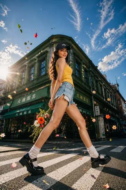 Adult female model confidently crossing a sunlit crosswalk, looking back at the camera, with flowers scattering around her. She wears a yellow tank top, denim shorts, and platform shoes.