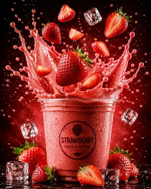 A dynamic splash of a colorful drink falling into a clear plastic cup, with liquid splashing outwards and toppings scattering.