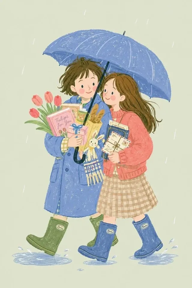 A charming, hand-painted children's storybook illustration depicting adorable characters with rosy cheeks and knit sweaters, smiling and holding baskets overflowing with books, flowers, and gifts against a soft pastel background.