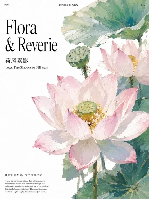 A vertical poster with text on the left and a post-impressionist watercolor-oil painting of lotus flowers and leaves filling the right side.