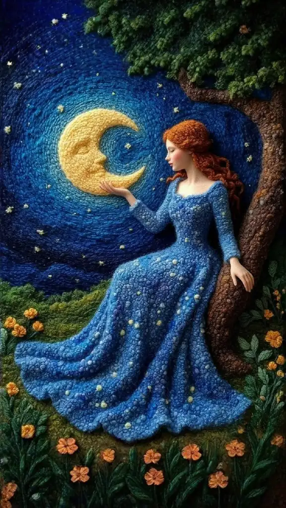 A fairytale woman crafted from various textile materials like yarn, crochet, and embroidery, depicted in a magical, moonlit forest setting with intricate details and vibrant colors.