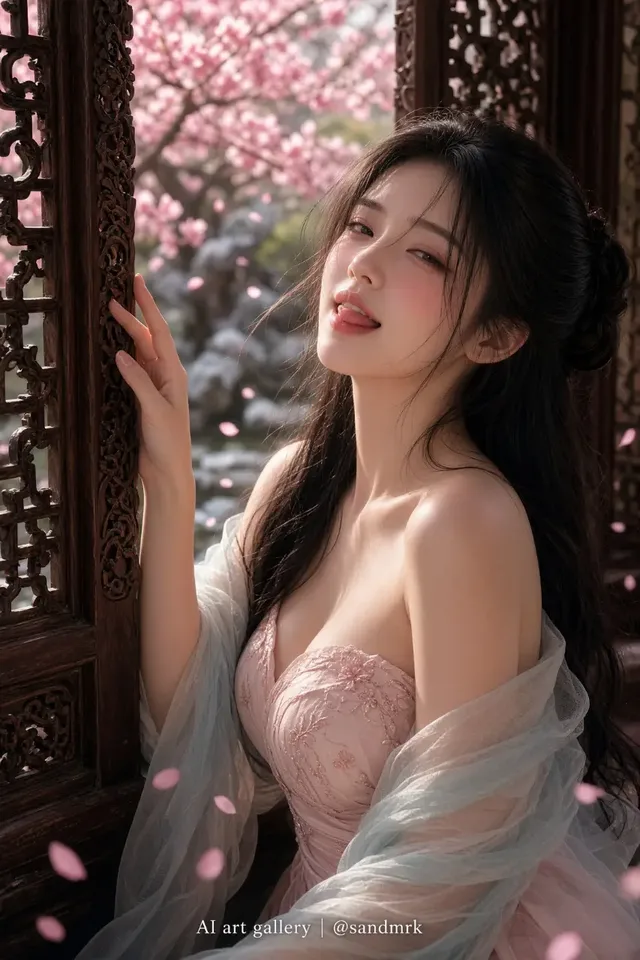 A 22-year-old East Asian woman with a languid expression leaning by a carved wooden window in a spring courtyard with falling peach blossoms.