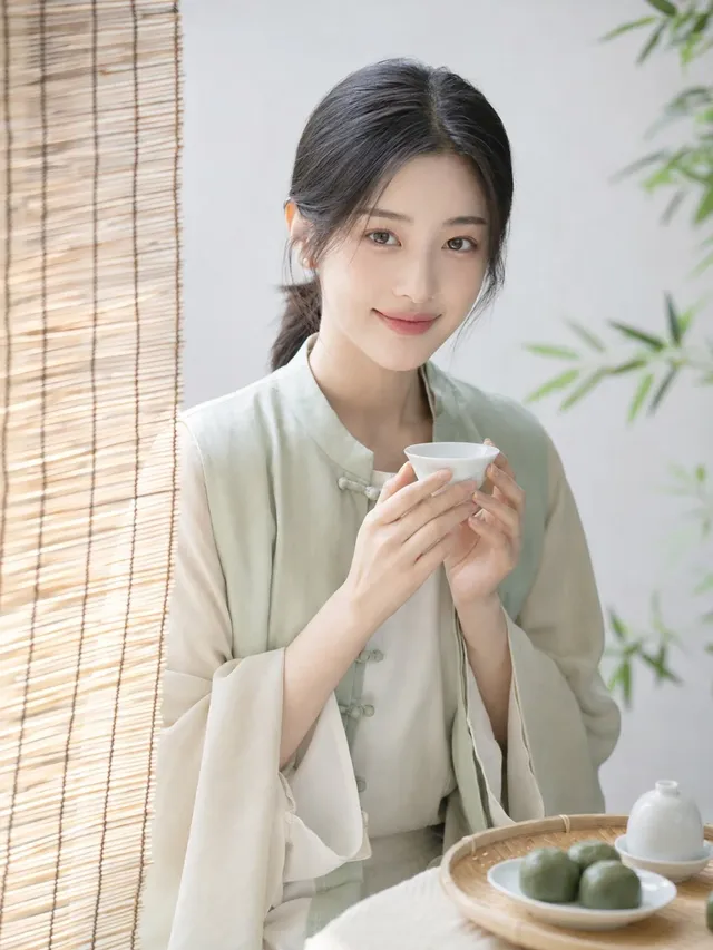 A young woman with fair skin and subtle makeup, wearing a cream blouse and pale green vest, stands beside a bamboo curtain holding a white teacup. Soft light highlights her features and the delicate textures of the scene.